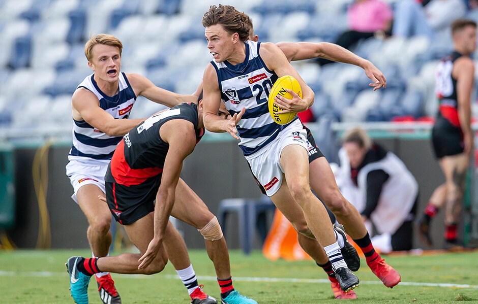 2019_05_03_VFL_HERO.png Oscar Brownless in action against the Bombers during the practice match earlier this year. - Geelong Cats